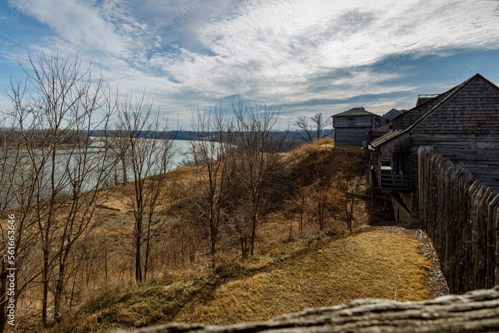 Looking out from a guard tower at Fort Osage in Missouri with the Missouri river on the left and clouds in the sky
