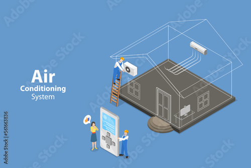 3D Isometric Flat Vector Conceptual Illustration of Air Conditioning System, AC Installation or Repairing