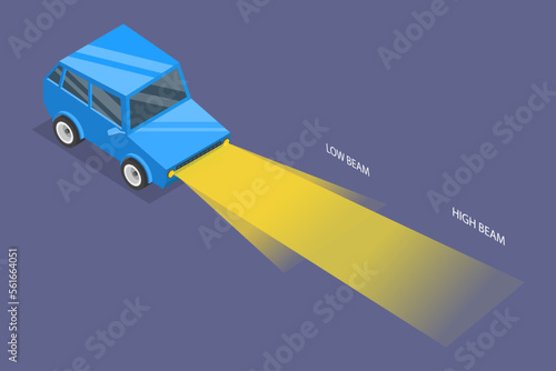 3D Isometric Flat Vector Conceptual Illustration of Vehicle Low And High Beam, Safe Driving at Night