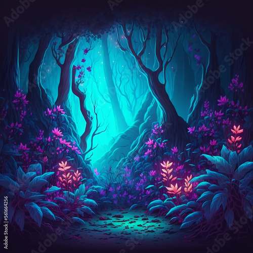 A fairy tale forest  a fantastic fairy tale with paths between the trees  and a fabulous atmosphere. Generated with AI.