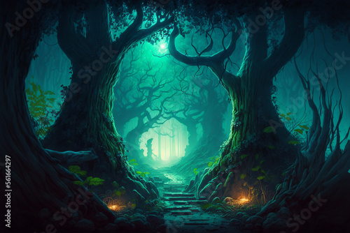 A fairy tale forest  a fantastic fairy tale with paths between the trees  and a fabulous atmosphere. Generated with AI.
