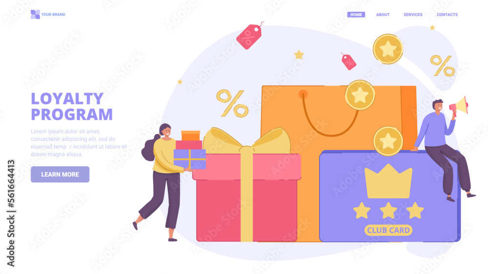 Loyalty program, club card, club membership, earning loyalty points design concept for landing page. Flat vector illustration with tiny characters for website, banner, hero image. Loyalty program, club card, club membership, earning loyalty points design concept for landing page. Flat vector illustration with tiny characters for website, banner, hero image.