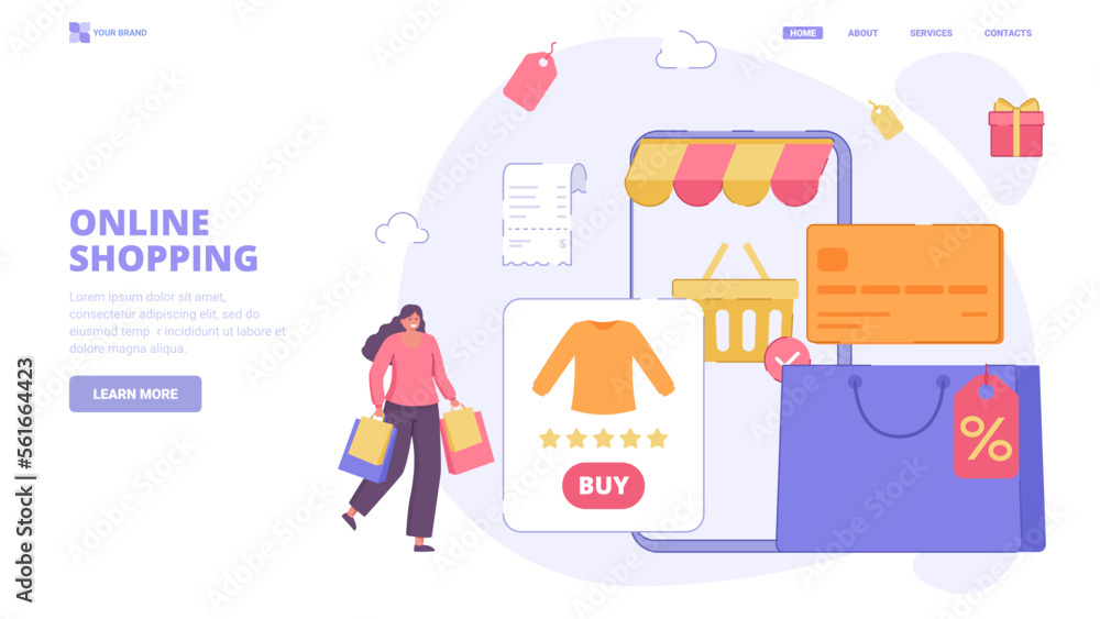 Fototapeta premium E-commerce, shopping via smartphone, easy order, online shopping design concept for landing page. Flat vector illustration with tiny characters for website, banner, hero image.