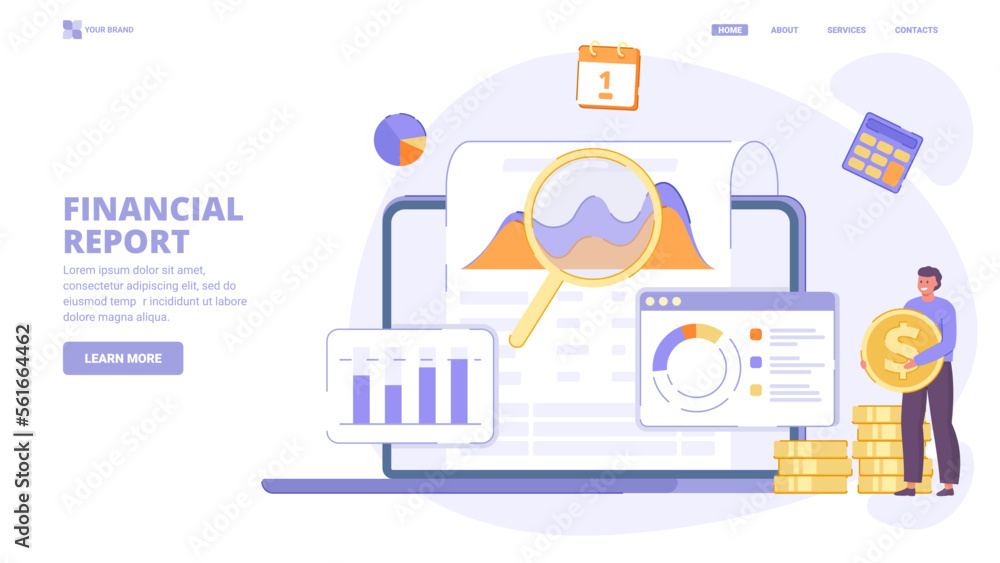 Financial audit, income growth, business plan, financial report,accountant service, personal financial consultant. Design concept for landing page.Flat vector illustration with characters for website Financial audit, income growth, business plan, financial report,accountant service, personal financial consultant. Design concept for landing page.Flat vector illustration with characters for website