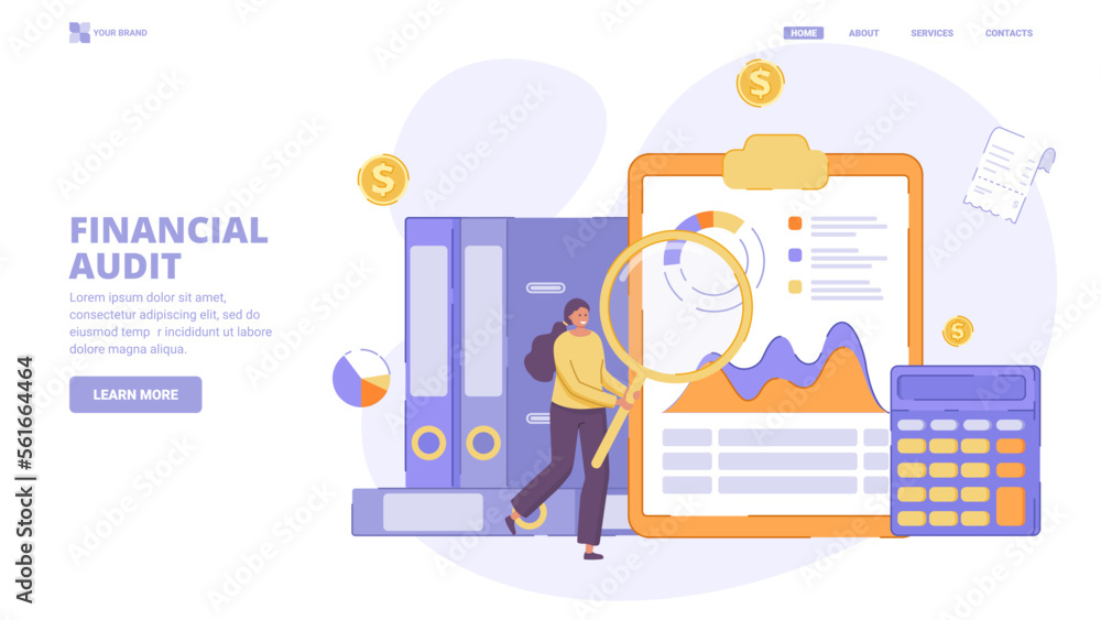 Financial audit, income growth, business plan, financial report,accountant service, personal financial consultant. Design concept for landing page.Flat vector illustration with characters for website