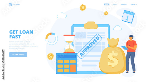 Banking service, get credit fast and easy, get loan. Design concept for landing page. Flat vector illustration with tiny characters for website, banner, hero image.
