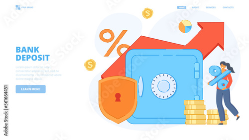 Bank deposit, save money, invest finance. Design concept for landing page. Flat vector illustration with tiny characters for website, banner,hero image.