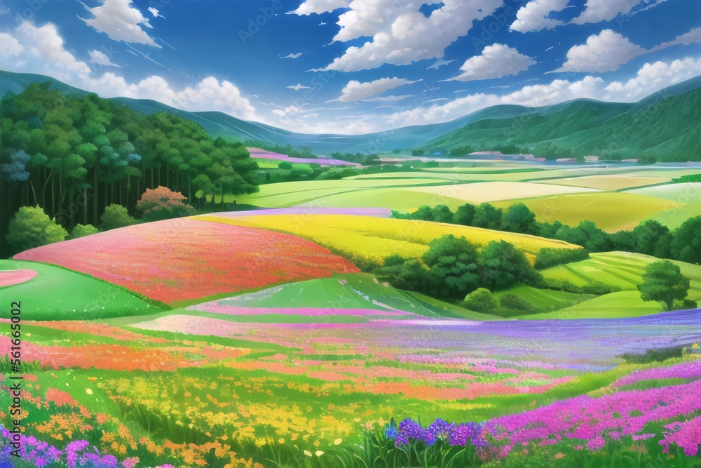 Flowerfield with blue sky created with Generative AI