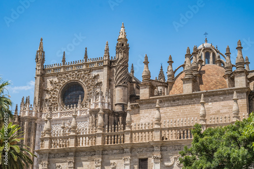 Detail of the Cathedral of Santa Maria da Sede with dome and rose window in Gothic style, Seville SPAIN