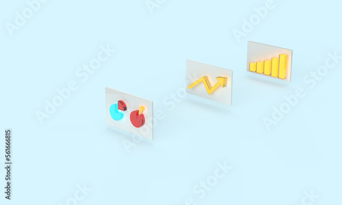 Fototapeta Naklejka Na Ścianę i Meble -  Luminous graphs and dashboards with a diagram, arrow, columns on a blue background. 3d render on the topic of business, work, presentations, office. Modern minimal style.