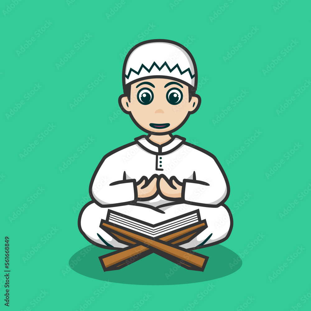 cute muslim boy praying after reading al qur'an.vector illustration with cartoon concept.flat style.suitable for ramadhan mascot or icon,sticker,banner,etc