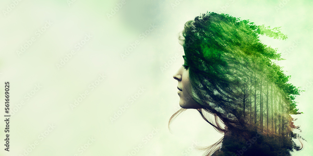 Concept of environment caring devotion, business sustainability and global warming protection shown by woman and green forest double exposure image - obrazy, fototapety, plakaty 