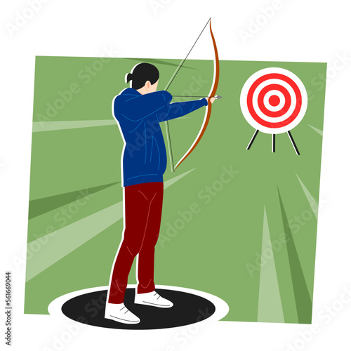 male archer aiming at target board. man holding bow and arrow. ready to shoot. back view. concept of sport, business, goal, archery, etc. flat vector illustration.