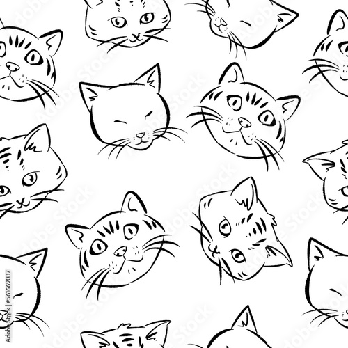 Fototapeta Naklejka Na Ścianę i Meble -  seamless pattern set of cats faces. hand drawn illustration of cats. lineart. outline. kittens with different expressions. isolated on white background.