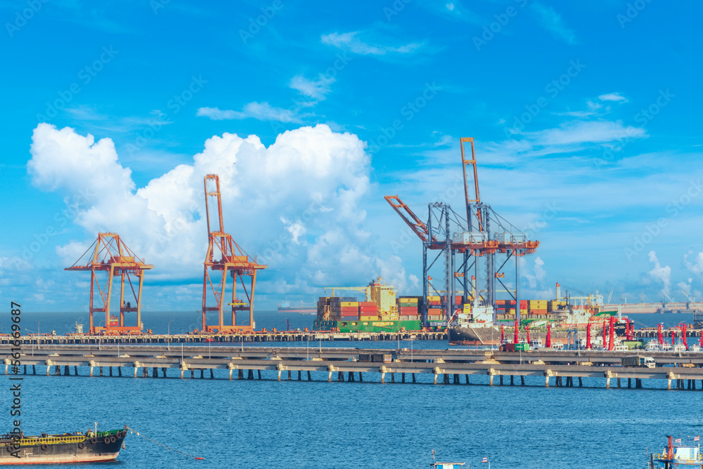 Engineering shipping crane depot at logistic export terminal control. Warehouse freight background container yard loading quayside harbor port. Logistics seascape shipping portal concept