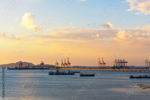 Engineering shipping crane depot at logistic export terminal control. Warehouse freight background container yard loading quayside harbor port. Logistics seascape shipping portal concept