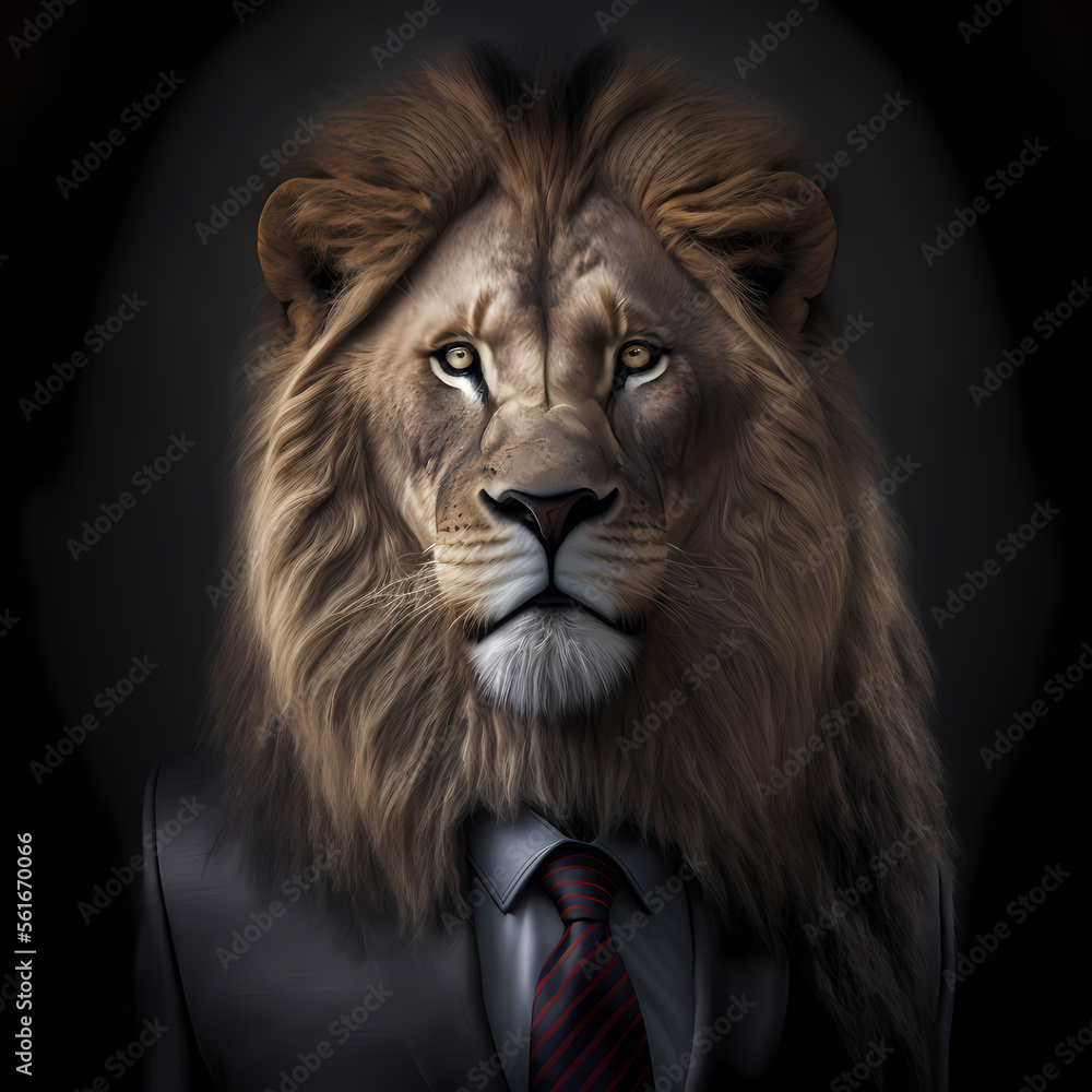 portrait of a lion in a business suit, generative AI