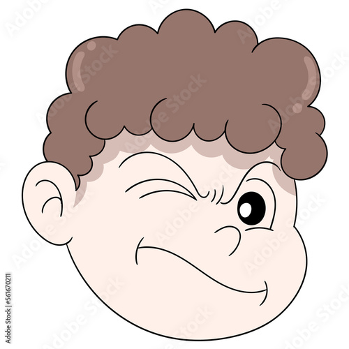 brown curly haired boy head emoticon is winking sore eyes