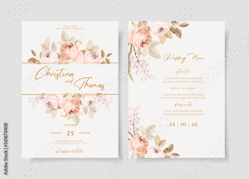 Wedding invitation template set with dry peach floral and leaves decoration