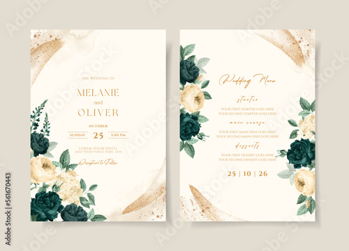 Wedding invitation template set with emerald green floral and leaves decoration