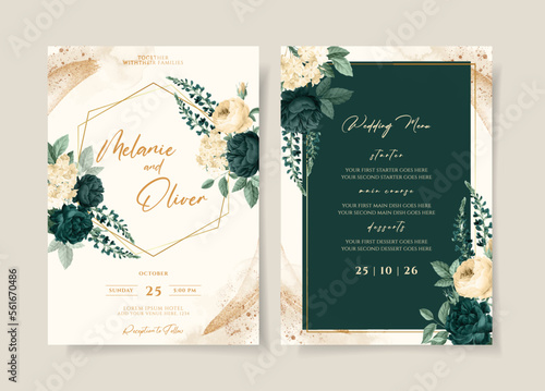 Wedding invitation template set with emerald green floral and leaves decoration