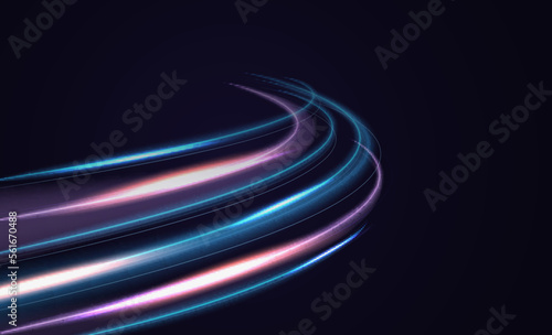 Modern abstract high speed light effect. Technology futuristic dynamic motion. Glow of bright lines of transport vehicle drive on road highway. Vector illustration