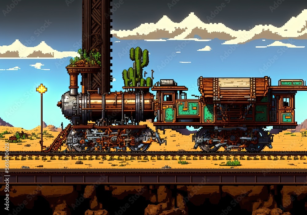 Pixel art iron train in desert, background in retro style for 8 bit ...