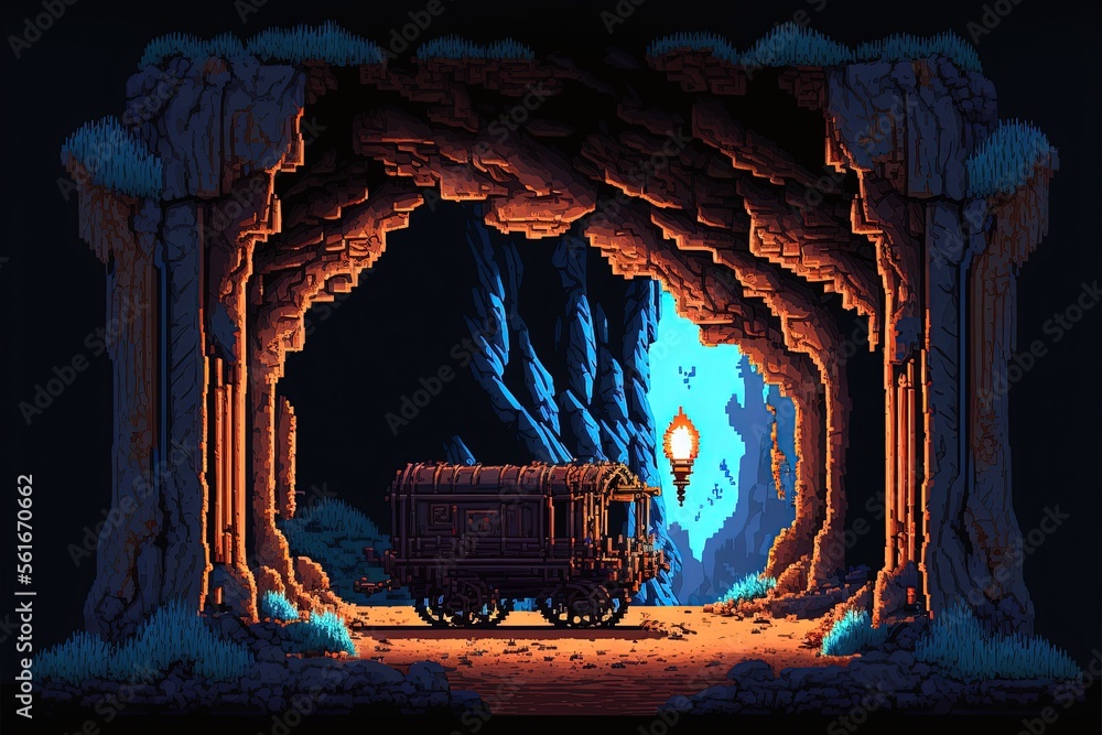 Pixel art mining cave with ore carts, underground mine, background in ...