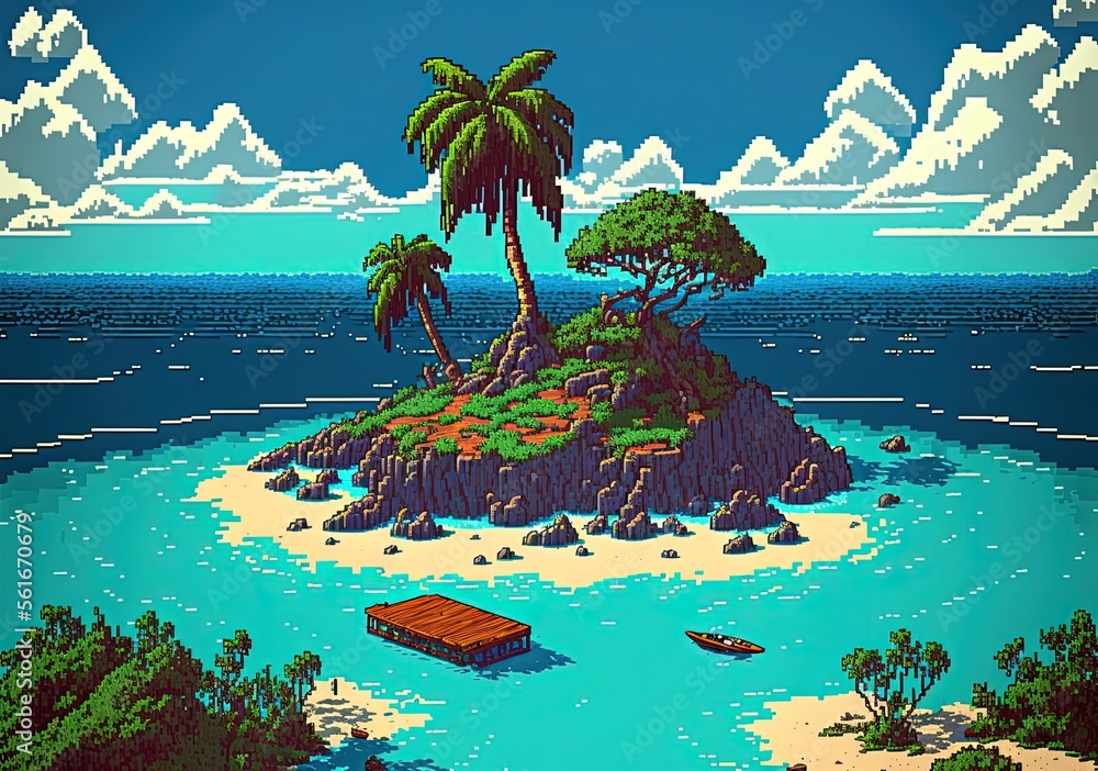 Pixel art paradise island on the high seas, background in retro style