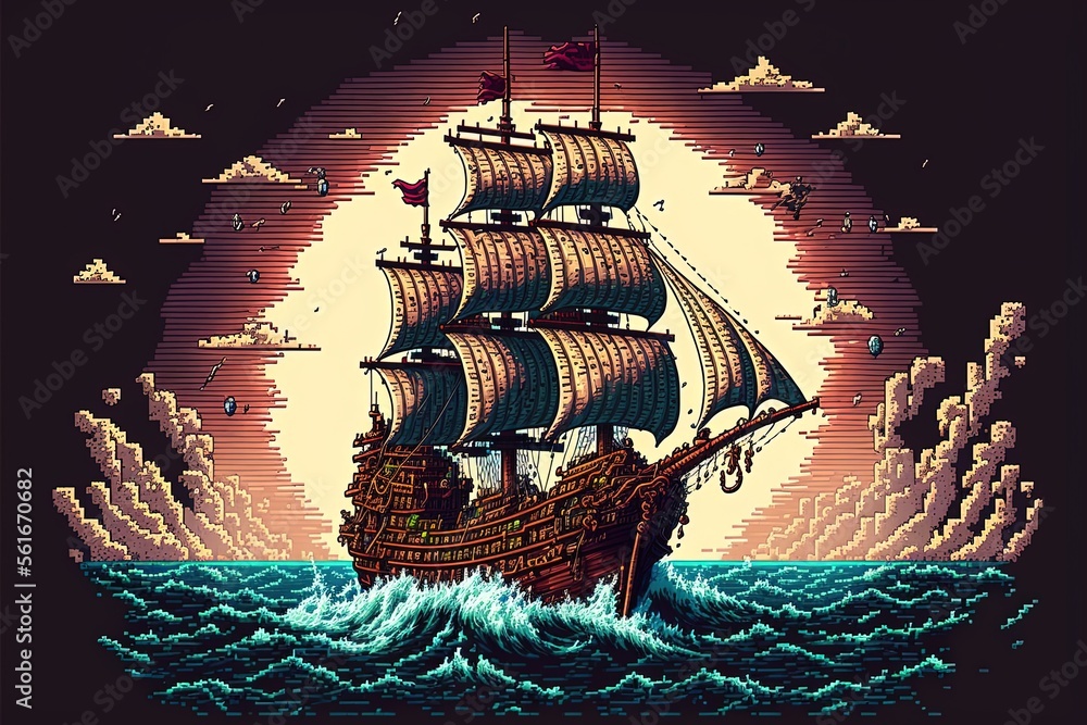 Pixel art pirate ship sailing on the high seas, background in retro ...