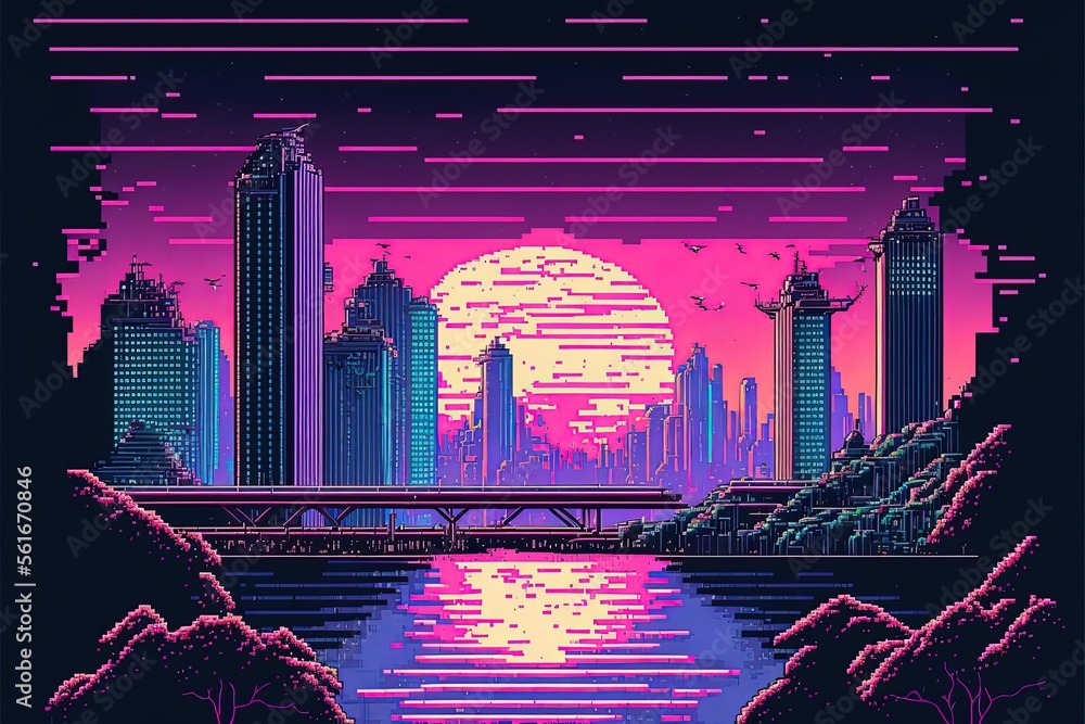 Pixel art city in vaporwave style, background in retro style for 8 bit ...