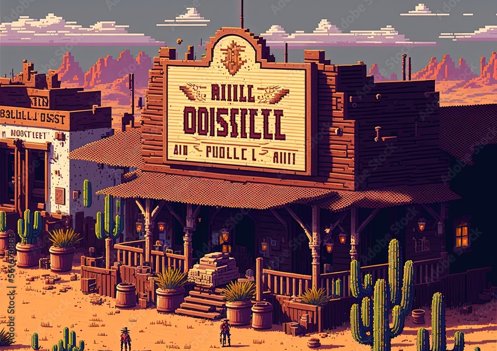 Pixel art wild west town building, wild west city background in retro ...