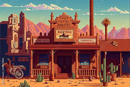 Pixel art wild west town building, wild west city background in retro style for 8 bit game, Generative AI photo