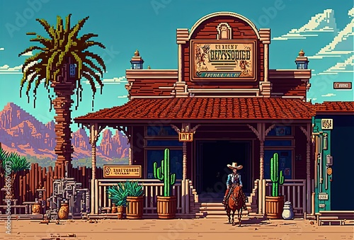 Pixel art wild west town building, wild west city background in retro style for 8 bit game, Generative AI photo