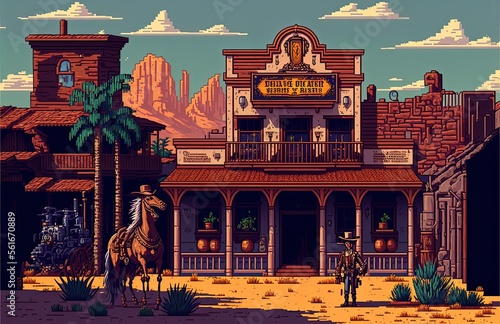 Pixel art wild west town building, wild west city background in retro style for 8 bit game, Generative AI
