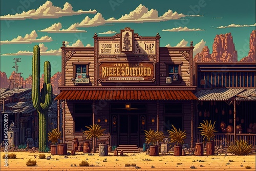 Pixel art wild west town building, wild west city background in retro style for 8 bit game, Generative AI photo