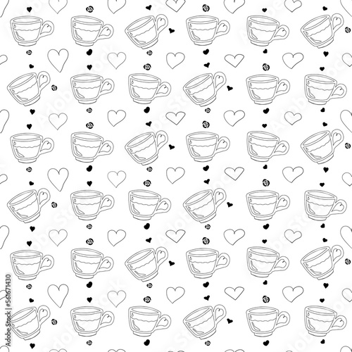 Hand drawn vintage tea cup seamless pattern decorated with hearts  roses. Doodle Coffee Mugs seamless pattern. Black on white background.