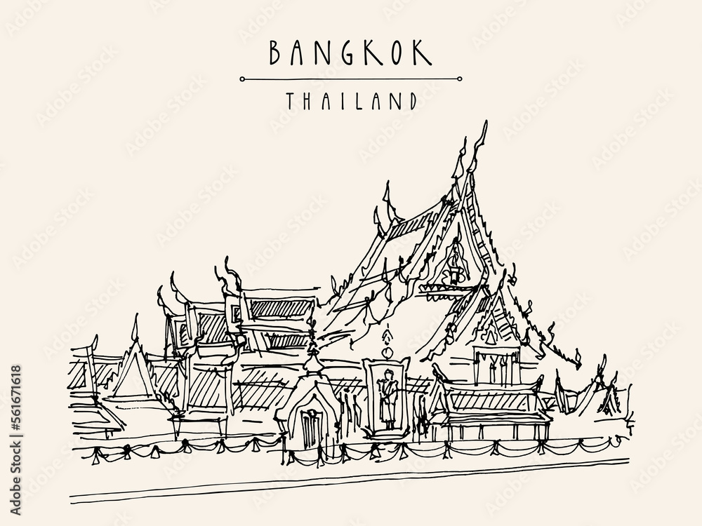 Fototapeta premium Vector Bangkok, Thailand, postcard in retro style. Wat Suthat Buddhist temple in the Thai capital Krungthep Mahanakorn. Travel sketch. Vintage artistic hand drawn touristic postcard