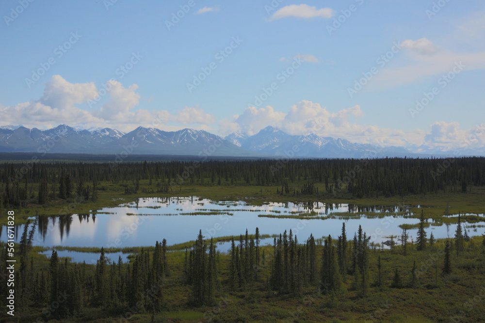 mountain range with small pond in alaska 