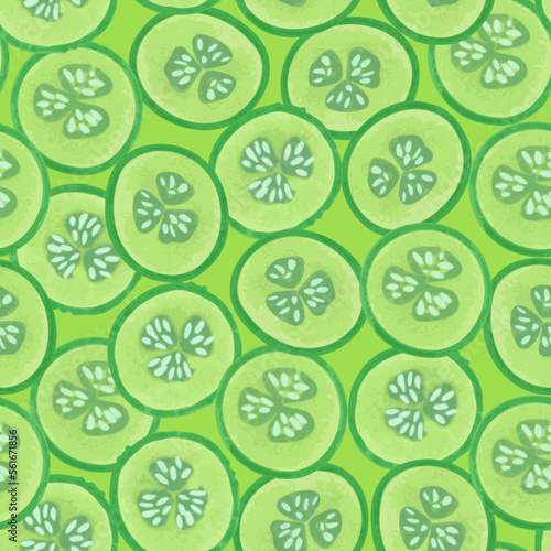 Seamless pattern with cucumber slices. Vector illustration in hand drawn style.