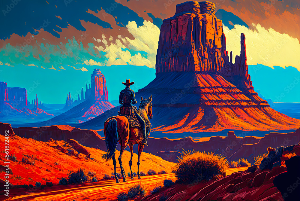 Cowboy in the Old West, buttes. Generative AI