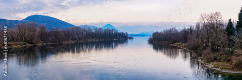 Winter panorama of the end of Toce river (Piedmont, Northern Italy) near the village of Fondotoce (VCO Province), at the point where it flows into the waters of Lake Maggiore.