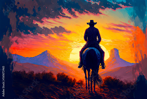 Cowboy riding into the sunset, acrylic painting, copyspace. Generative AI