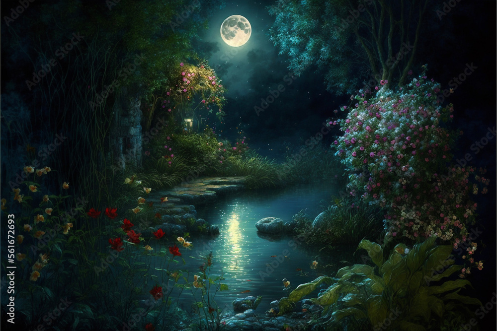 Lush Secret Garden with Water, Pond, River, Full Moon at Night