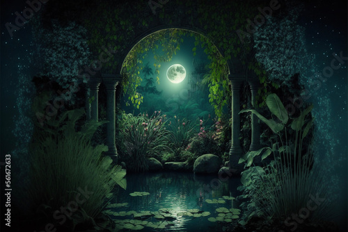 Lush Secret Garden with Water  Pond  River at Night with Full Moon  Archway