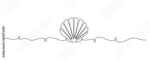 Continuous one line drawing of open oyster shell. Seashell symbol and banner of beauty spa and wellness salon in simple linear style. Editable stroke. Outline Vector illustration