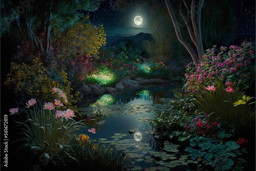 Lush Secret Garden with Water  Pond  River  Full Moon at Night