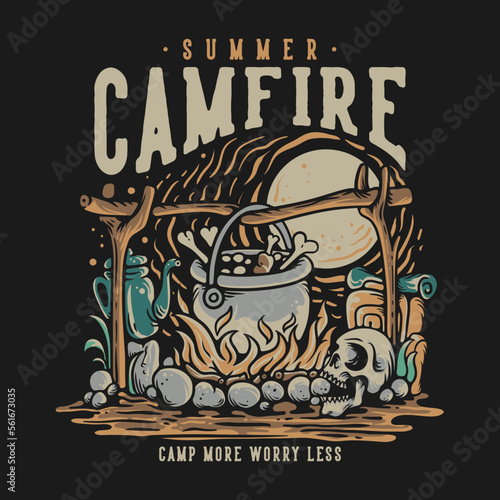 T Shirt Design Summer Campfire Camp More Worry Less With Skull Cooking On The Campfire