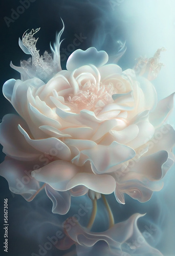 Beautiful Valentine rose flower with a soft fairy tale fog and smoke. Abstract romantic white rose flower.