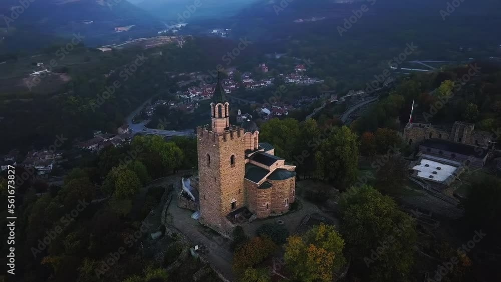 Drone Orbiting Over Tsarevets Castle On Hilltop In Veliko Tarnovo, Bulgaria. Aerial Shot Drone Orbiting Over Tsarevets Castle On Hilltop In Veliko Tarnovo, Bulgaria. Aerial Shot